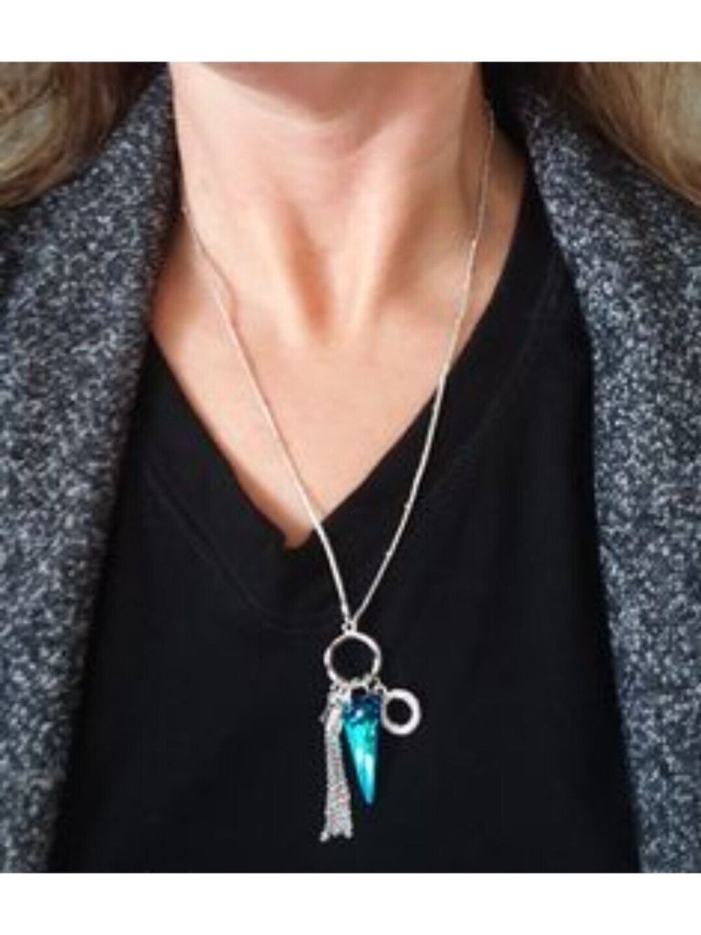 Touchstone Crystal by Swarovski Blue & Silver Tassel 20" Necklace